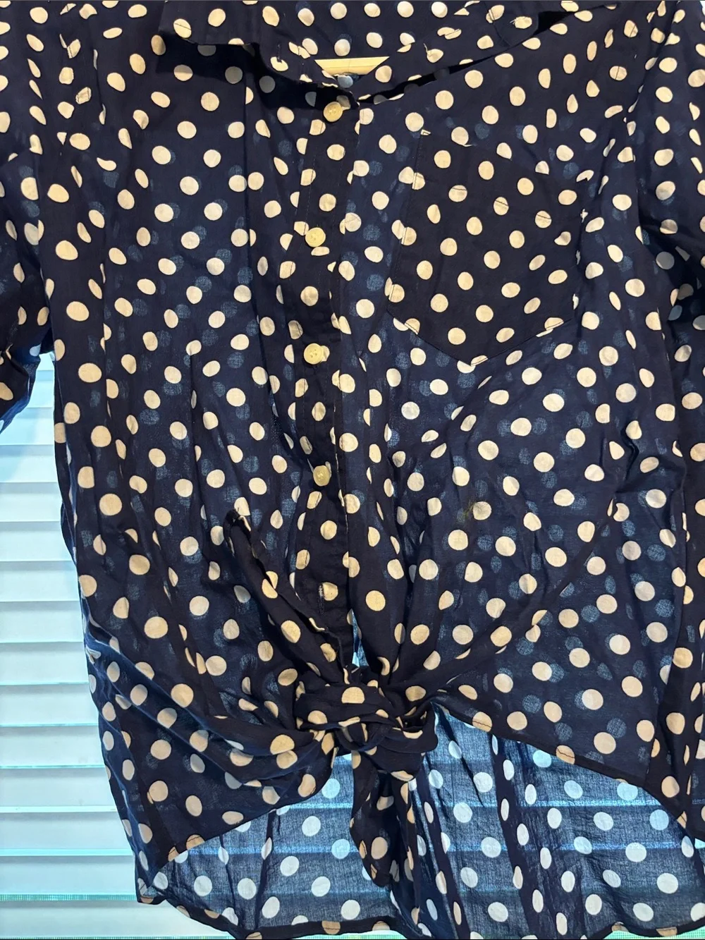 J. Crew Navy Polka Dot Button-Front Tie Shirt